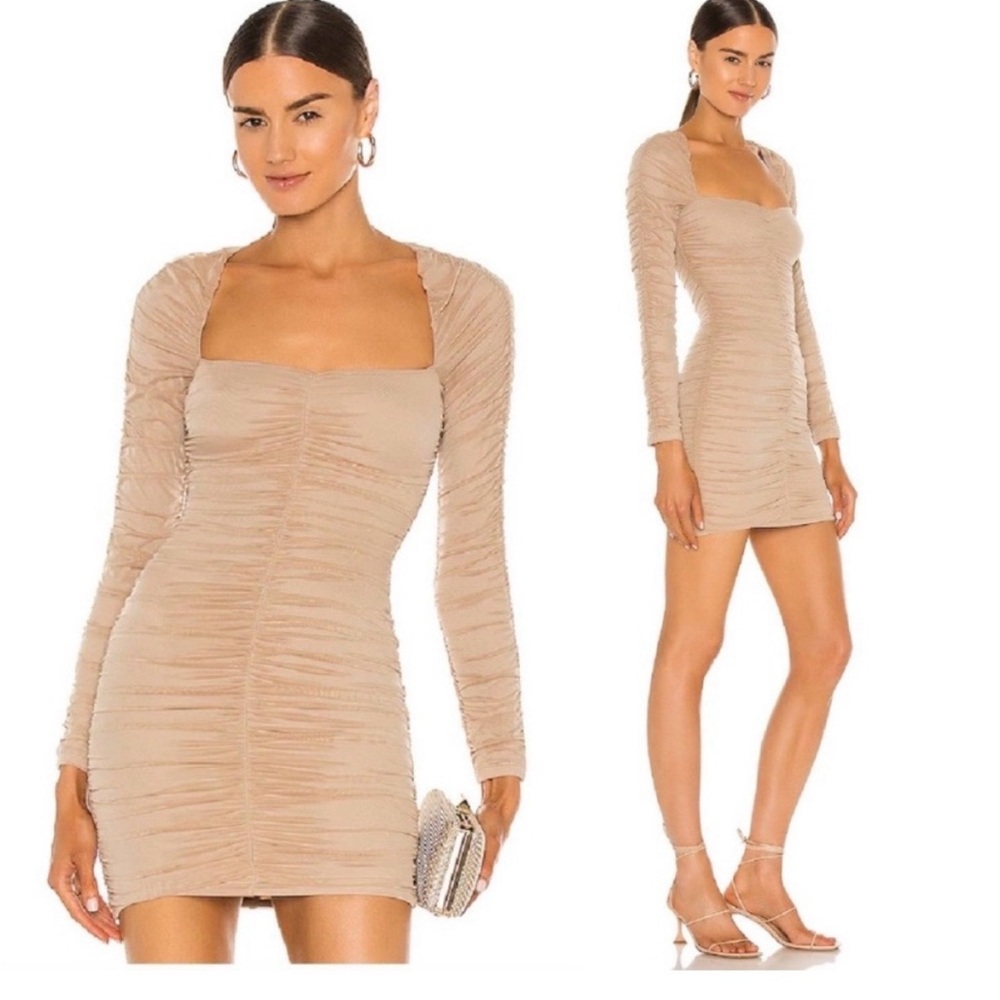 Michael Costello Ruched Tan Long Sleeve Mini Dress